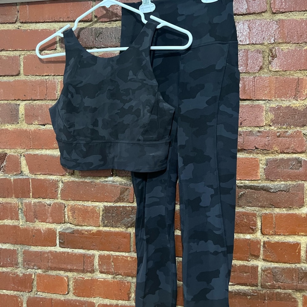 Lululemon High-Rise Black Camo Leggings & Crop Sports Bra Set